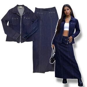 Vtg Holiday Magic Denim 2-Pc Jacket & Maxi Skirt XS/S Star Studded Blue Western